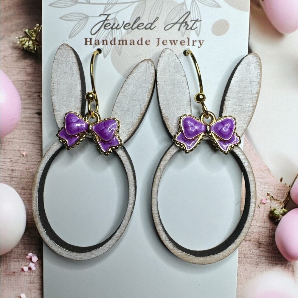 Jeweled Art Hand Painted Easter Bunny Wood Engraved Earrings - Purple Bow